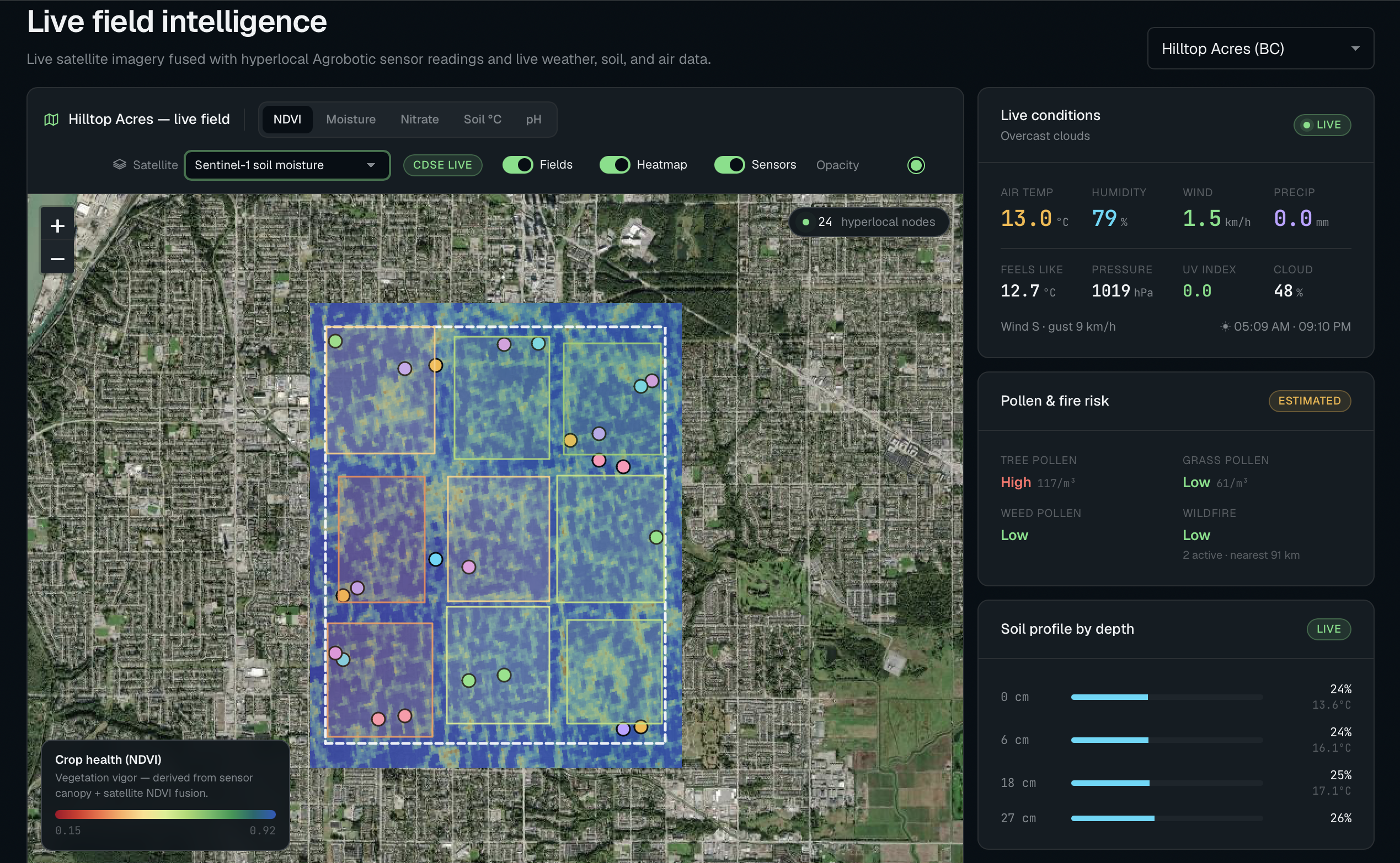 Live field intelligence map with satellite imagery, sensor heatmap and field boundaries
